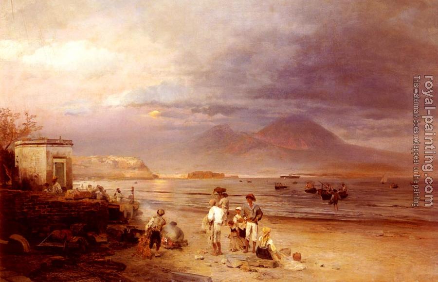 Oswald Achenbach : Fishermen with the Bay of Naples and Vesuvius beyond